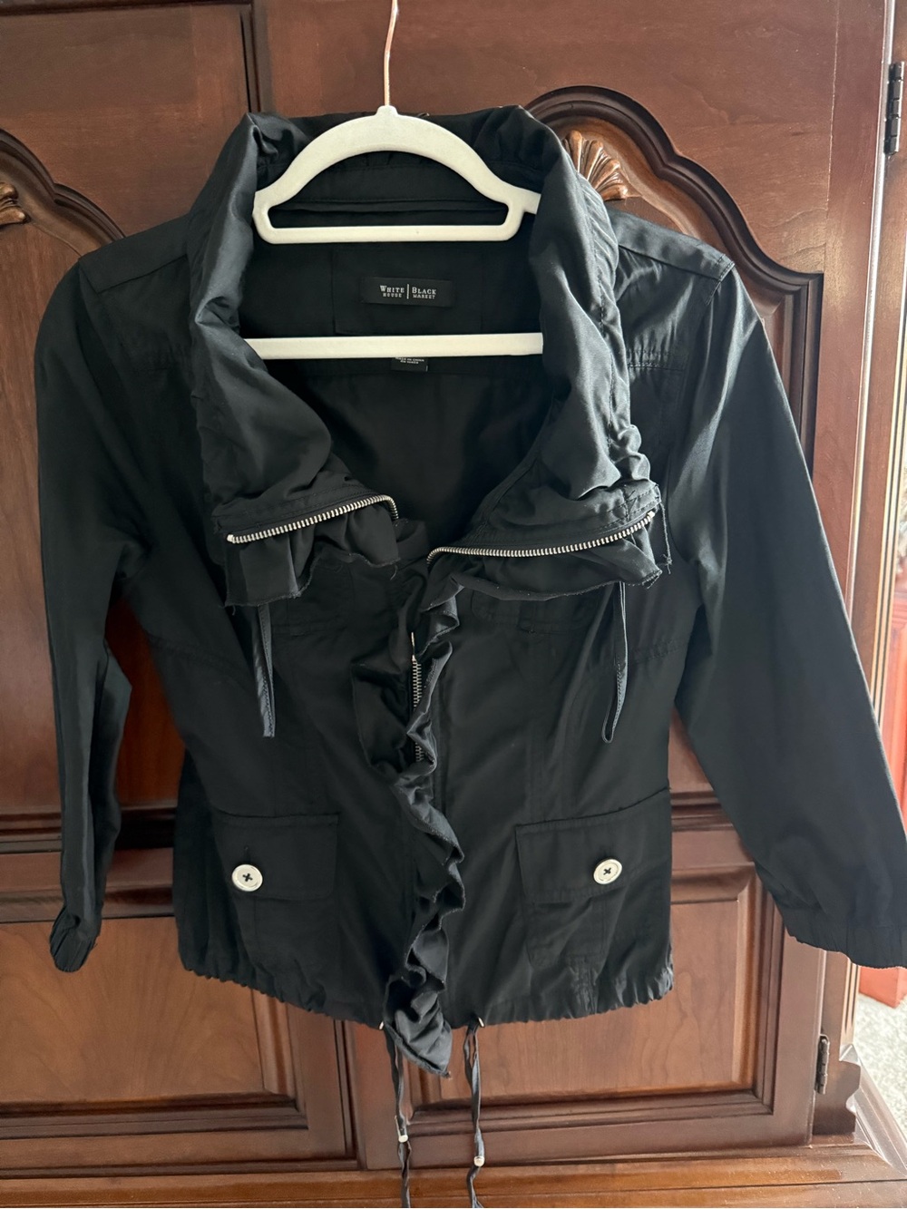 White House Black Market Black Ruffle-Trim Utility Jacket